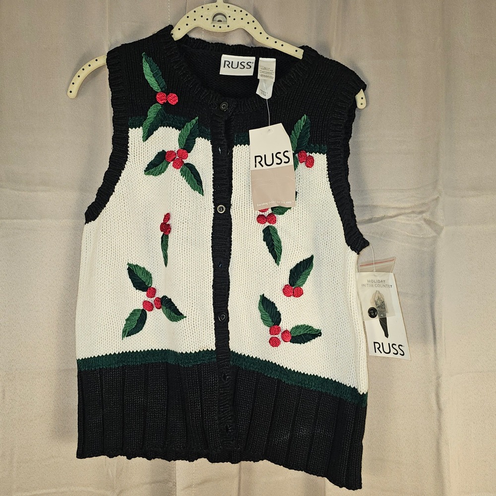 NWT Vintage Russ Womens Christmas Holly Sweater Vest Medium‎ 8 10 NOS